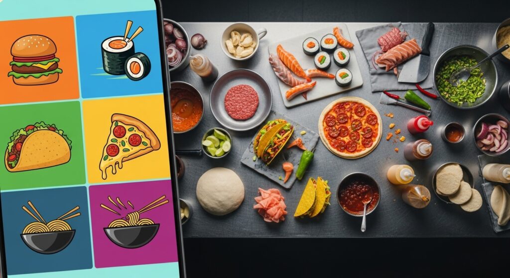 Contrast between gourmet burger packaging and dirty kitchen counter surface