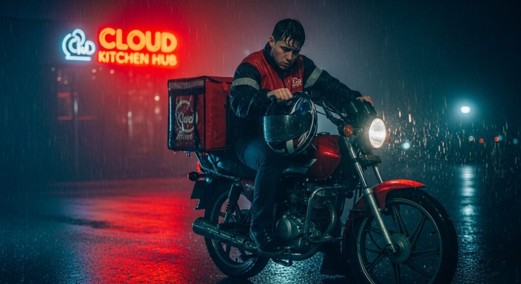 Food delivery rider waiting outside a cloud kitchen hub in Delhi at night