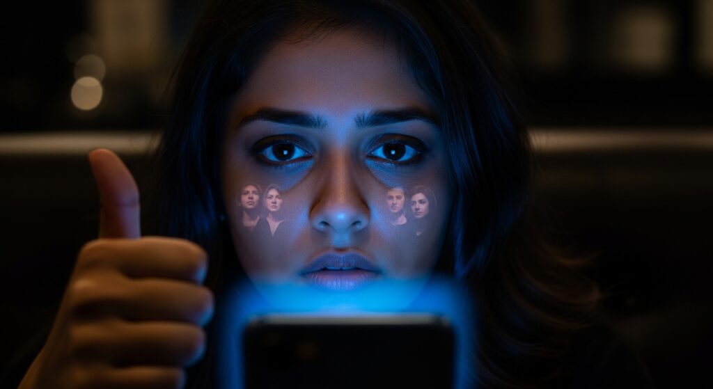 A young Indian woman ghost-scrolling, experiencing dating app fatigue in a dark cafe.