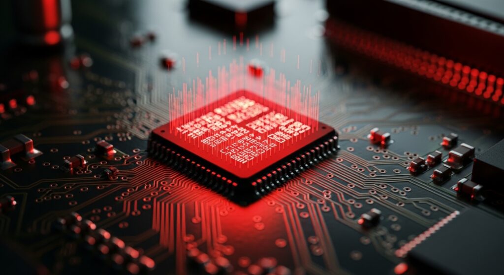 An extreme close-up of a microchip glowing with a pulsing red digital energy, representing the hidden supply-chain threats of digital warfare in the Middle East.