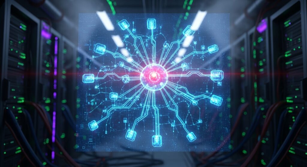 A holographic network topology diagram showing a centralized hub-and-spoke model with a single vulnerable glowing gateway.
